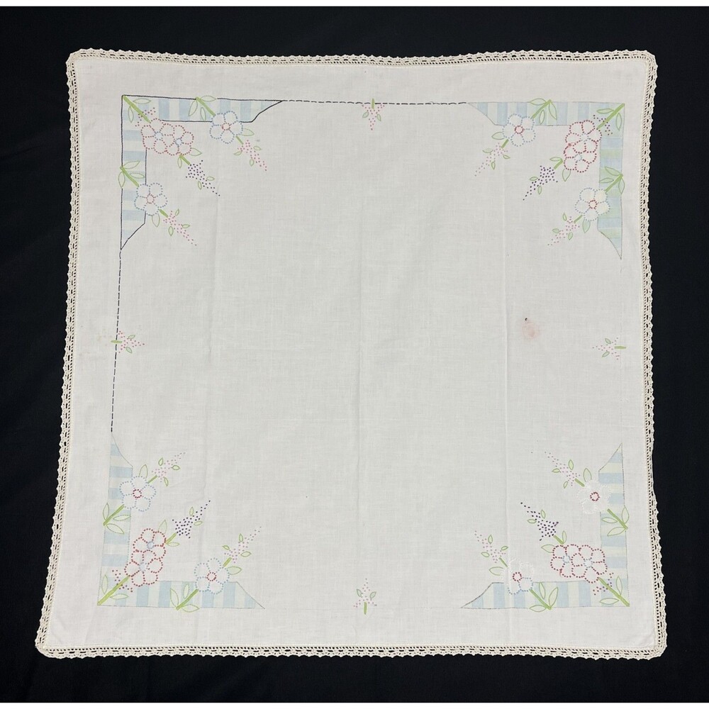 2 VTG kitchen Tablecloth Material 33in x 33in Hand Embroidered Flowers 1950s MCM